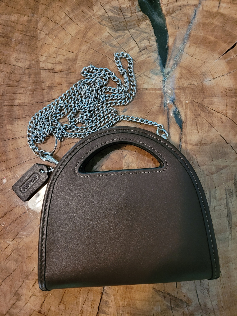 Coach Pebbled Leather Half-Moon Crossbody in Dark Brown with Silver Chain